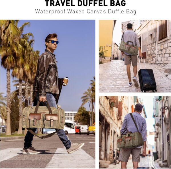 Wildroad Duffle Bag for Travel, 50L Waterproof Waxed Canvas Genuine Leather Weekender Overnight Bag Vintage Travel Hand Bag Carry on Bag - Image 2