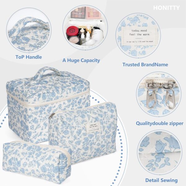 Makeup Bag,Quilted Cosmetic Bag,Large Floral Make Up Bag for Women,Cotton Makeup Bag Set,Flower Travel Toiletry Bag - Image 3