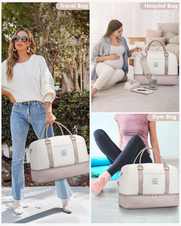 Travel Duffle Bag Weekender for Women: Travel Duffel Bag Carry-On Overnight Bag with Shoe Compartment & Wet Pocket Large Weekend Tote Bag with Toiletry Bags Gym Duffel Bag for Hospital Beige - Image 8