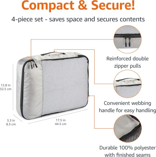 Amazon Basics Large Packing Cubes for Travel, Packing Organizers, 4-Piece-Set With Double Zipper Pulls and Mesh Top Panel, 100% Durable Polyester, Gray, 17.5"L x 12.8"W x 3.3"H - Image 3