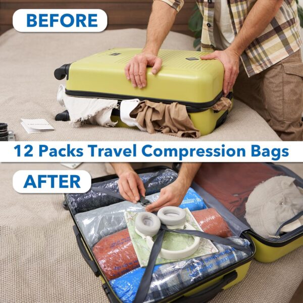 12 Pack Compression Bags for Travel | Vacuum Seal Storage Bags for Luggage & Dirty Clothes | Travel Packing Space Saver Bags for Suitcases & Home Organization | MEIQIHOME - Image 3
