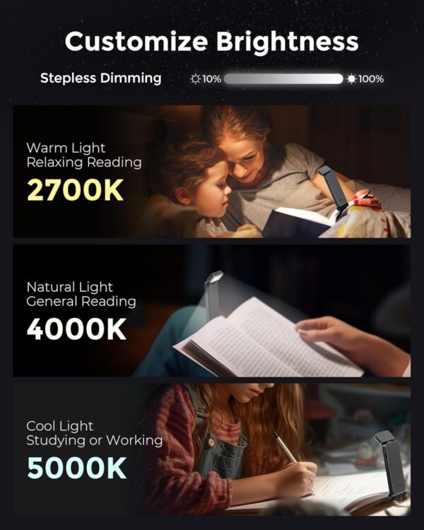 86lux Book Light, Rechargeable Clip-On LED Reading Light for Bed & Night Use - 3 Color Temperatures with Stepless Dimming, Ultralight Bookmark Design for Kids, Book Lovers, Grey - Image 4