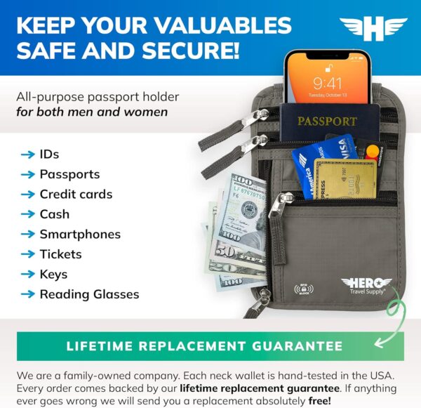 Hero Travel Supply Neck Wallet, RFID Blocking Passport Holder, Easy to Conceal Travel Pouch - Image 2