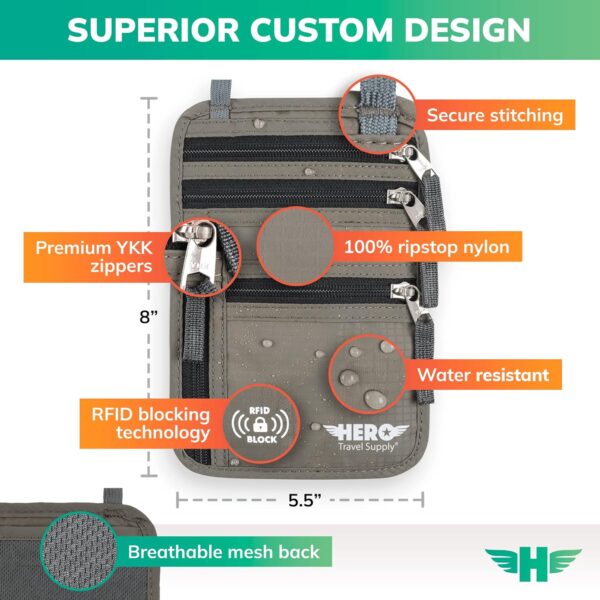 Hero Travel Supply Neck Wallet, RFID Blocking Passport Holder, Easy to Conceal Travel Pouch - Image 3