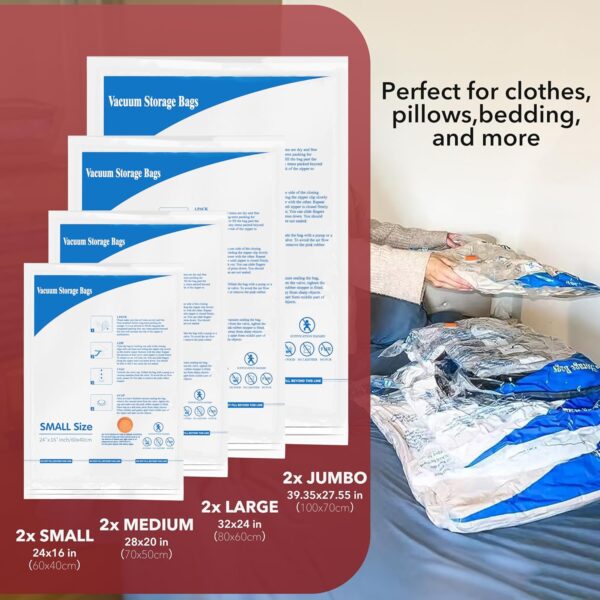 Vacuum Storage Bags with Electric Air Pump 8 Combo (2 Jumbo/2 Large/2 Medium/2 Small), Travel Vacuum Bags For Luggage, Airtight Compression Bags for Clothes, Pillows, Comforters, Blankets, Bedding - Image 2