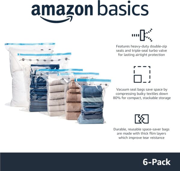 Amazon Basics Multiple Vacuum Compression Zipper Storage Bags for Space Saving and Travel with Hand Pump - 6-Pack (2 Jumbo, 2 Large, 2 Medium), Transparent - Image 2