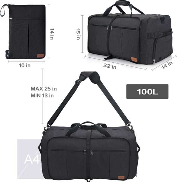 100L Travel Duffle Bag for Men, Urtala 32” Large Duffle Bag for Traveling with Shoe Compartment, Foldable Travel Duffel Bag Weekender Bag Gym Bag for Men Women Waterproof & Tear Resistant (Black) - Image 8