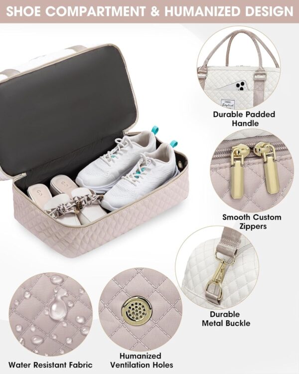Travel Duffle Bag Weekender for Women: Travel Duffel Bag Carry-On Overnight Bag with Shoe Compartment & Wet Pocket Large Weekend Tote Bag with Toiletry Bags Gym Duffel Bag for Hospital Beige - Image 4