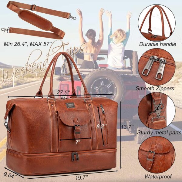 weiatas Leather Travel Duffel Bag for Women Men, Large Weekender Overnight Bag with Shoes Compartment, Waterproof Carry On Bag Travel Tote Bag Gym Bag with Luggage Strap (Brown) - Image 5