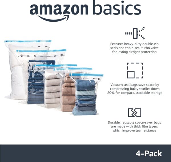 Amazon Basics Vacuum Compression Space Saver Zipper Storage Bags with Hand Pump, for Travel, X-Jumbo - Pack of 4 - Image 2