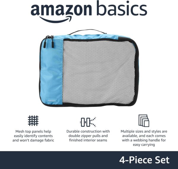 Amazon Basics Medium Packing Cubes for Travel, Packing Organizers, 4-Piece-Set With Double Zipper Pulls and Mesh Top Panel, 100% Durable Polyester, Sky Blue, 13.8"L x 9.8"W x 3"H - Image 2