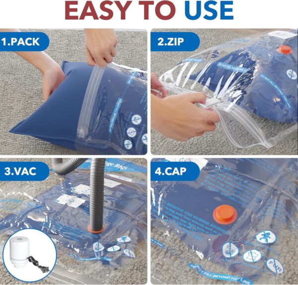 Vacuum Storage Bags with Electric Air Pump 8 Combo (2 Jumbo/2 Large/2 Medium/2 Small), Travel Vacuum Bags For Luggage, Airtight Compression Bags for Clothes, Pillows, Comforters, Blankets, Bedding - Image 4