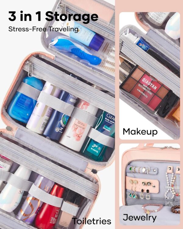 OlarHike Travel Toiletry Bag for Women, Hanging Waterproof Portable Organizer, 3 in 1 Cruise Essentials Packing Organizer, Makeup & Jewelry Storage, Cosmetic Travel-Sized Container, Medium Size, Pink - Image 2