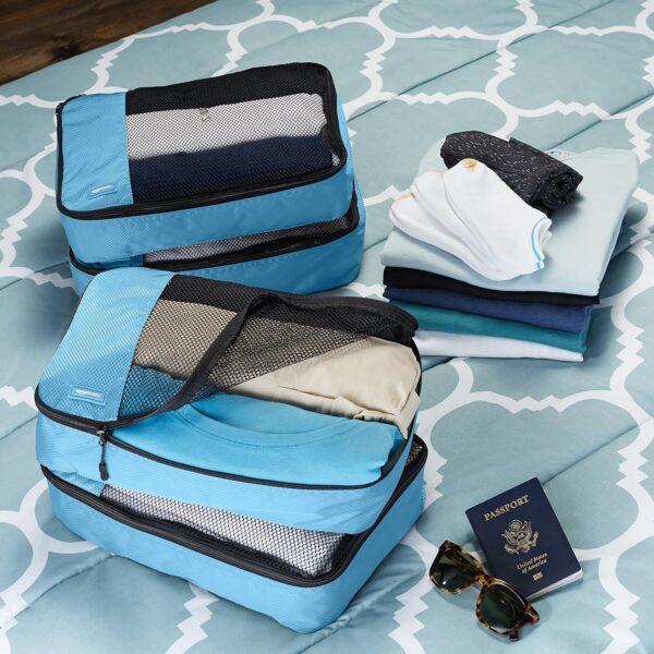 Amazon Basics Medium Packing Cubes for Travel, Packing Organizers, 4-Piece-Set With Double Zipper Pulls and Mesh Top Panel, 100% Durable Polyester, Sky Blue, 13.8"L x 9.8"W x 3"H - Image 7