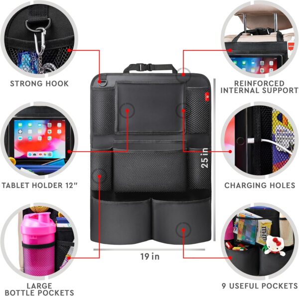 Helteko Backseat Car Organizer, Kick Mats Back Seat Protector with Touch Screen Tablet Holder, Back Seat Organizer for Kids with 9 Storage Pockets, Travel Accessories (2 Pack, Black) - Image 6