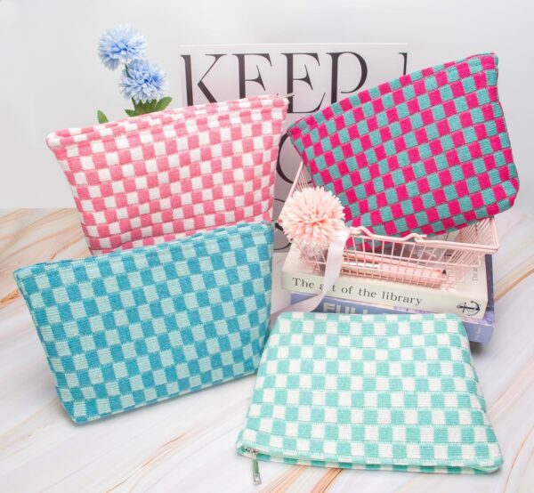 PAZIMIIK Knitted Checkered Makeup Bag Large Zipper Make Up Accessory Pouch for Purse Cosmetic Brush Bag for Travel Essential Pink White - Image 7