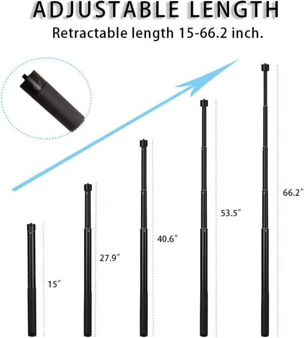 15-66.2 inch Invisible Selfie Stick,1/4" Extended Monopod Pole Compatible with GoPro Hero 13 12 11 10 9 8 7 Insta360 AKASO EK7000 Brave 4 Brave 7 LE DJI Osmo Action and More,Black ﻿ - Image 2