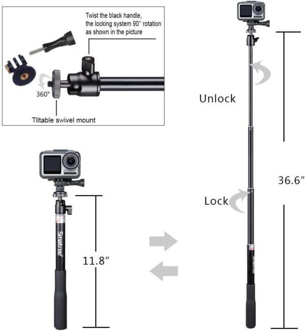 Smatree Telescoping Selfie Stick with Tripod Compatible for GoPro Hero 13/12/11/10/9/8/7/6/5/Insta360, for OSMO 5 Pro4/3/Ricoh Theta, Compact Camera and Phone - Image 3