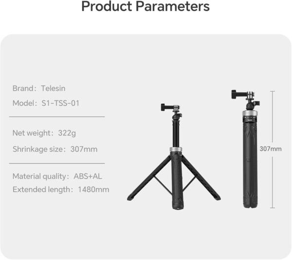 TELESIN 59in Long Selfie Stick Tripod for GoPro, 360 Ball Joint Extension Pole Monopod Handle Grip for Go Pro Max Hero 13 12 11 10 9 Insta360 X3 X4 Ace Pro DJI Action 5 Pro 3 4 Osmo Pocket 3 Accessory - Image 6