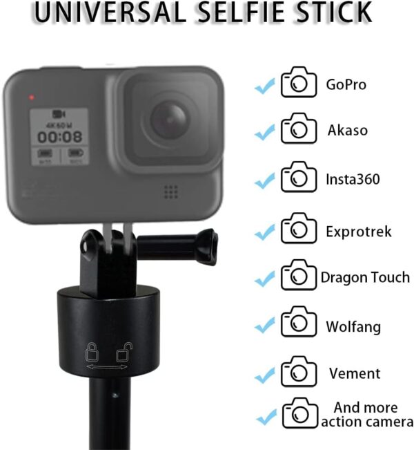 15-66.2 inch Invisible Selfie Stick,1/4" Extended Monopod Pole Compatible with GoPro Hero 13 12 11 10 9 8 7 Insta360 AKASO EK7000 Brave 4 Brave 7 LE DJI Osmo Action and More,Black ﻿ - Image 5