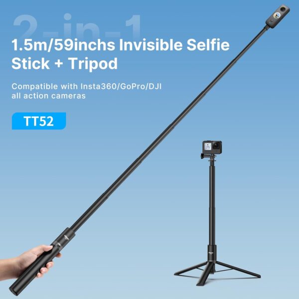 59in Invisible Selfie Stick Tripod for Insta360 X4/GO 3/X3/ONE RS/ONE X2/ONE X/GO 2/ONE R/ONE - ULANZI TT52 Extension Pole Selfie Stick Handle Grip Adjustable Waterproof for GoPro DJI and More - Image 2