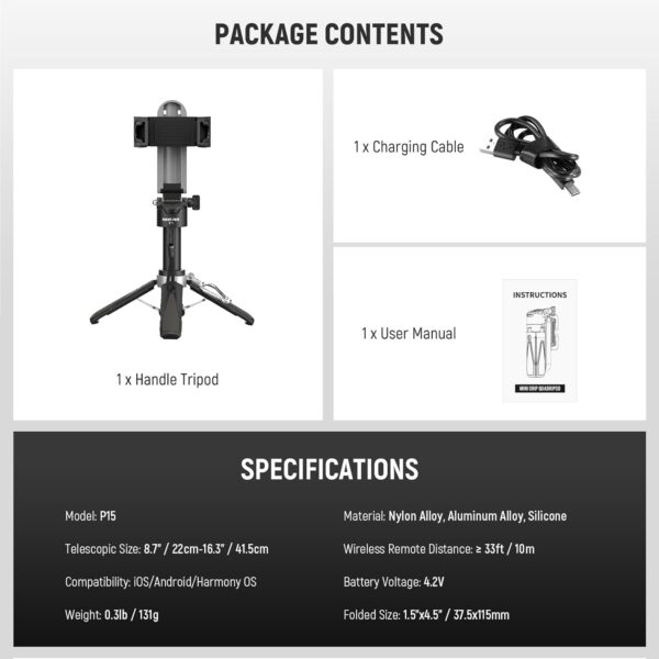 NEEWER Selfie Stick with Detachable Bluetooth Remote Shutter, Lightweight Foldable Travel Tripod for iPhone, 360° Phone Holder Cold Shoe for YouTube/TikTok Vlogs Live Streaming Photography, Black, P15 - Image 8
