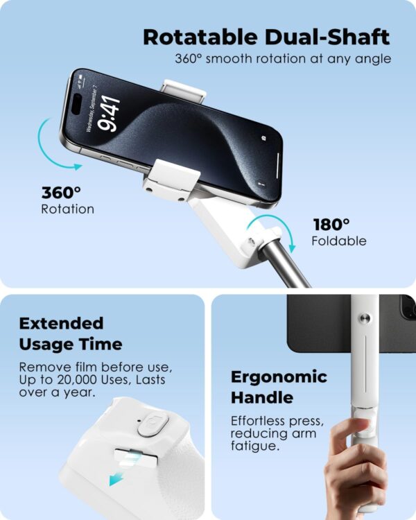 Viozon Portable Selfie Stick, Lightweight Extendable Stainless Steel Tube,All-in-One Compact Selfie Stick with Wireless Remote Compatible with 4-7" iPhone/Android Phones for Vlog/Travel/Filming - Image 4