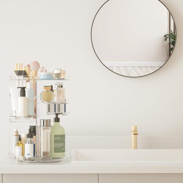 Rotating Makeup Organizer, DIY 8 Adjustable Layers Spinning Skincare Organizer, Cosmetic Display Case with Brush Holder Perfume Tray, Multi-Function Storage Carousel for Vanity Bathroom Countertop - Image 2