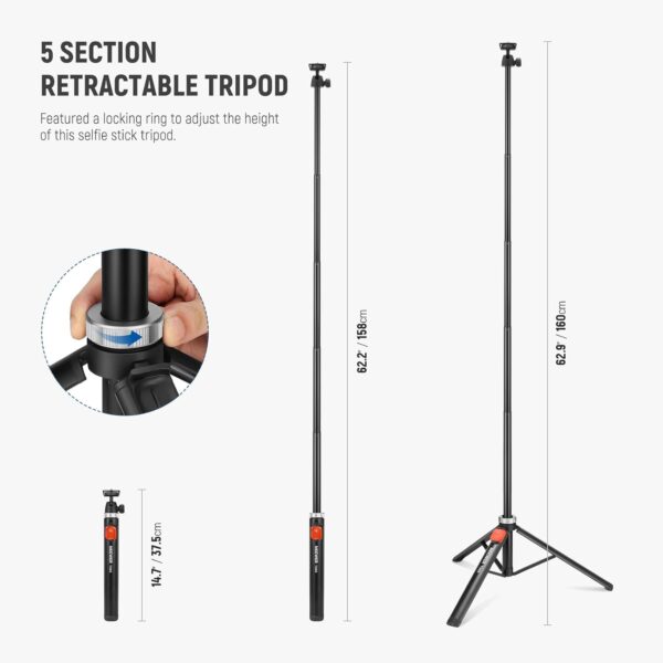 NEEWER Phone Tripod for Cell Phone & Camera with Remote, 62.9" All Metal Selfie Stick Travel Vlog Tripod Stand for iPhone with Phone Holder, Portable Camera Tripod for Canon Sony DLSR GoPro, TS05 - Image 2