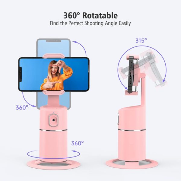 Auto Face Tracking Phone Holder, No App Required, 360° Rotation Face Body Phone Tracking Tripod Smart Shooting Camera Mount for Live Vlog Streaming Video, Rechargeable Battery-Pink - Image 5