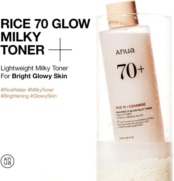 ANUA Rice 70 Glow Milky Toner, for Glass Skin, Rice Water, Niacinamide, Ceramides, Panthenol, Fragrance-Free, Non comedogenic, Fungal Acne Safe, Korean Skin Care, 250ml/8.45fl.oz. - Image 3