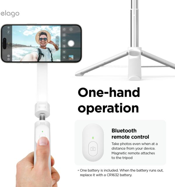 elago Magnetic Selfie Stick Tripod Compatible with MagSafe for iPhone and Galaxy, Strong Magnetism, Portable, Lightweight, Extendable [Pouch, Bluetooth Remote, Guide Sticker Included] [White] - Image 3