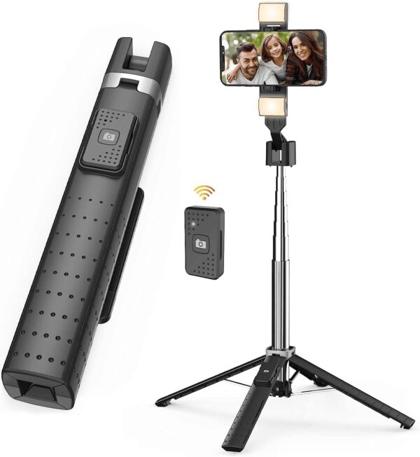 41” Selfie Stick Tripod Quadrapod with 2 Rechargeable Fill Light, Extendable Tripod with Bluetooth Remote, Stainless Steel, 3 Light Modes, 9 Brightness Levels, Compatible for All iPhone & Android - Image 5