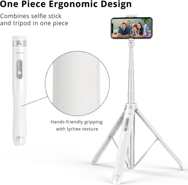 ATUMTEK 51" Selfie Stick Tripod, All in One Extendable Phone Tripod Stand with Bluetooth Remote 360° Rotation for iPhone and Android Phone Selfies, Video Recording, Vlogging, Live Streaming, White - Image 4