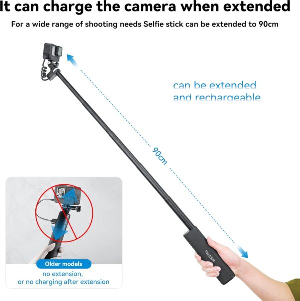 TELESIN Power Grip 35.4" Extension Selfie Stick Handler for Phone GoPro Mirrorless Camera Waterproof Large Capacity Battery Charger Bank for GoPro Hero 13 12 11 10 9 Insta360 DJI Action iPhone Android - Image 3
