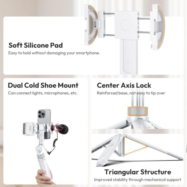 ULANZI TT88 Extendable Phone Tripod, 57" Magnetic Selfie Stick Phone Vlog Tripod Stand with 2 in 1 Phone Clip, 2 Cold Shoe Mount Tripod Compatible for iPhone, Lightweight for Travel - Image 3