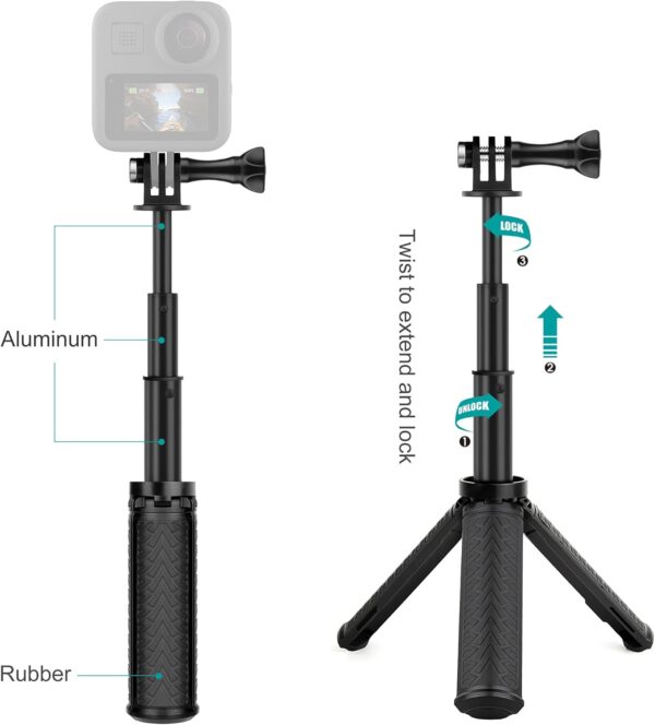 Mini Hand Grip Selfie Stick Tripod Stand for GoPro Hero 13 12 11 10 9 8 7 6 5 4 3,Session, Fusion, Max,Insta360, DJI, Akaso, Phone-Use it as a Selfie Stick Monopod, Handle, Travel Tripod - Image 2