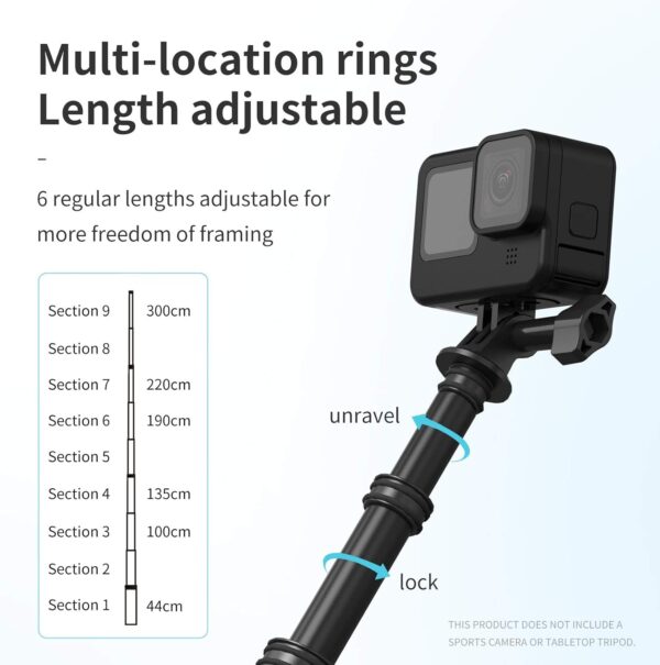 TELESIN Long Selfie Stick Pole Invisible- 3M/118 Inch Carbon Fiber Waterproof Underwater Monopod for GoPro Max Hero 13 12 11 10 9 8 7 6 5 Insta360 X3 X4 Ace Pro Go3 DJI Action 3 4 5 Osmo Pocket - Image 6