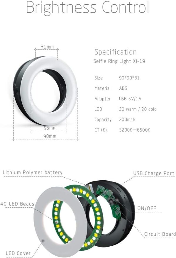 XINBAOHONG Selfie Ring Light Rechargeable Portable Clip-on Selfie Fill Light with 40 LED for Smart Phone Photography, Camera Video, Girl Makes up - Image 2