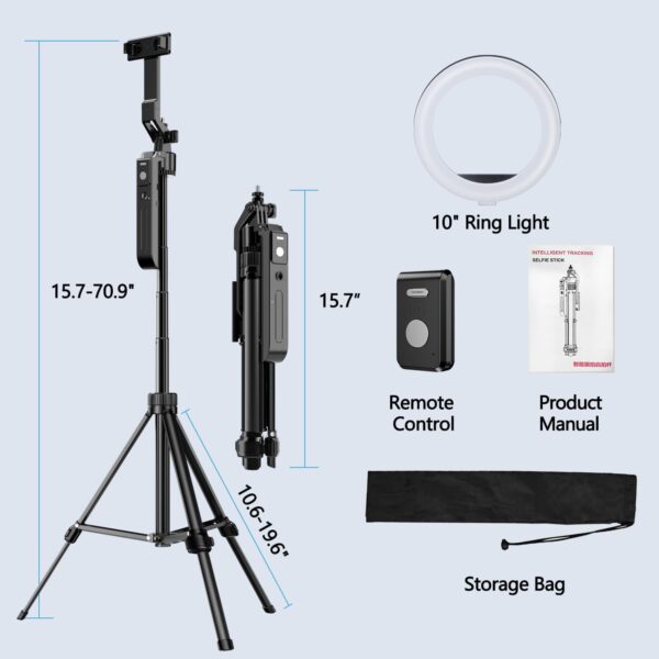 Upgraded Auto Face Tracking Tripod 360° Rotation with Stand, 10" Ring Light Phone Tripod & Selfie Stick with Remote and Gesture Control, No App, Built-in Tracking Camera for Video/Live Streaming - Image 7