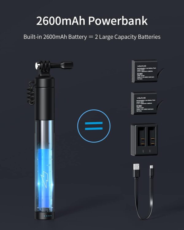 WOLFANG GB2200 Rechargeable Selfie Stick with 2600mAh Rechargeable Battery, Selfie Stick Black Rotation Action Camera, Compatible with Other Action Cameras and Travel(24-60CM) - Image 2