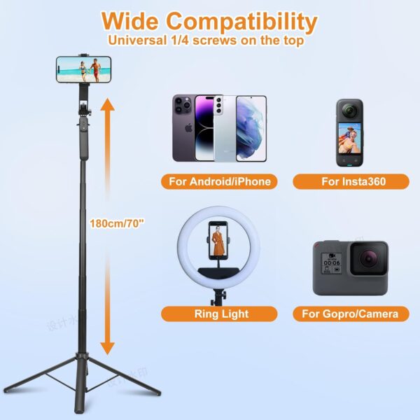 70inch Selfie Stick Phone Tripod with Rechargeable Remote,Portable Extendable 3 in 1 Cell Phone Tripod Stand for Video Recording,Travel Selfie Stick for iPhone and Android - Image 6