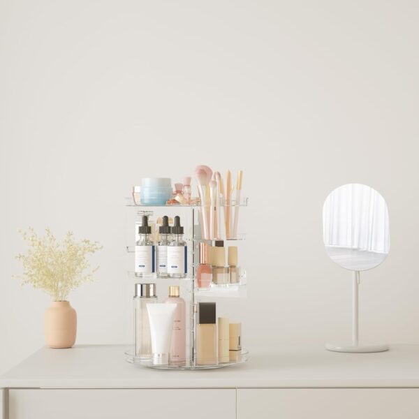Rotating Makeup Organizer, DIY 8 Adjustable Layers Spinning Skincare Organizer, Cosmetic Display Case with Brush Holder Perfume Tray, Multi-Function Storage Carousel for Vanity Bathroom Countertop - Image 4