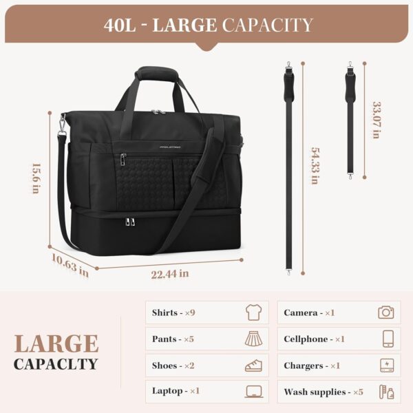 Maelstrom Gym Bag for Women,40L Travel Duffel Bag with Shoes Compartment and Wet Pocket,Waterproof Carry On Weekender Bag,Sport Gym Tote Bags Swimming Yoga, Hospital Holdalls-Black - Image 2