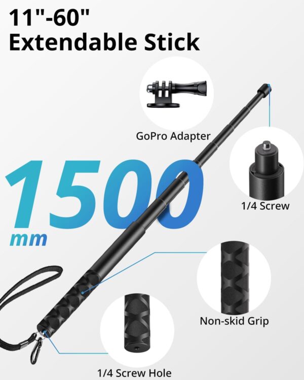 UBeesize 60-in Invisible Selfie Stick, Extended Monopod Pole for Insta360 ONE X2 DJI OSMO Action GoPro Hero Series (Buckle Mount for GoPro and Carabiner Lanyard Included) - Image 2