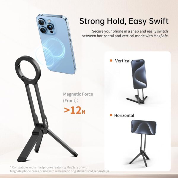 ULANZI MA30 Magnetic Phone Tripod Stand for iPhone - Aluminium Maglock Smartphone Mini Tripod Pocket Cell Phone Stand Dual-Sided Magnet Quick Mount Compatible with iPhone 16 15 14 13 12 Magsafe, Black - Image 2