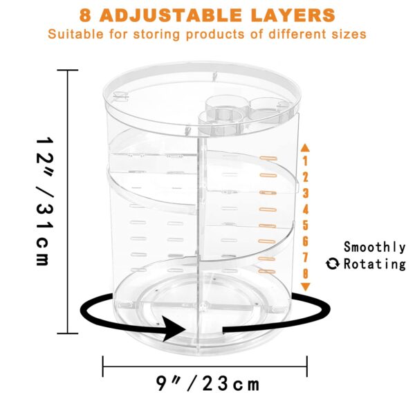 Rotating Makeup Organizer, DIY 8 Adjustable Layers Spinning Skincare Organizer, Cosmetic Display Case with Brush Holder Perfume Tray, Multi-Function Storage Carousel for Vanity Bathroom Countertop - Image 3