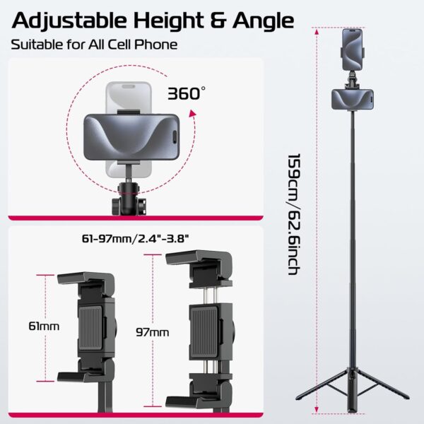 ULANZI MT-70 Extendable Phone Tripod, 63"" Selfie Stick Phone Vlog Tripod Stand with 2 Phone Clip, 360° Rotate Dual Camera Tripod for iPhone Sony Canon GoPro, Lightweight for Travel, Black - Image 4