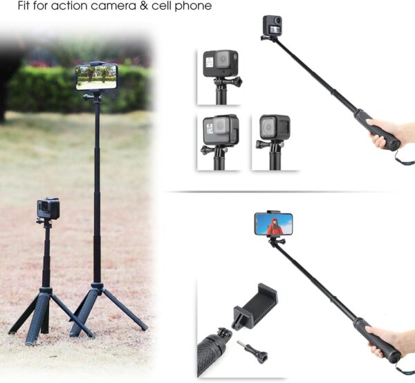 SOONSUN 3in1 Aluminum Waterproof Selfie Stick for GoPro Hero 13 12 11 10 9 8 7 6 5 4, Fusion, Max, Session, Insta360, AKASO, SJCAM, Osmo Action Camera - Extenbale Monopod Pole, Hand Grip, Tripod Stand - Image 5