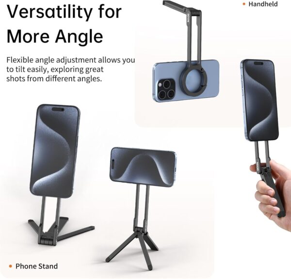 ULANZI MA30 Magnetic Phone Tripod Stand for iPhone - Aluminium Maglock Smartphone Mini Tripod Pocket Cell Phone Stand Dual-Sided Magnet Quick Mount Compatible with iPhone 16 15 14 13 12 Magsafe, Black - Image 5
